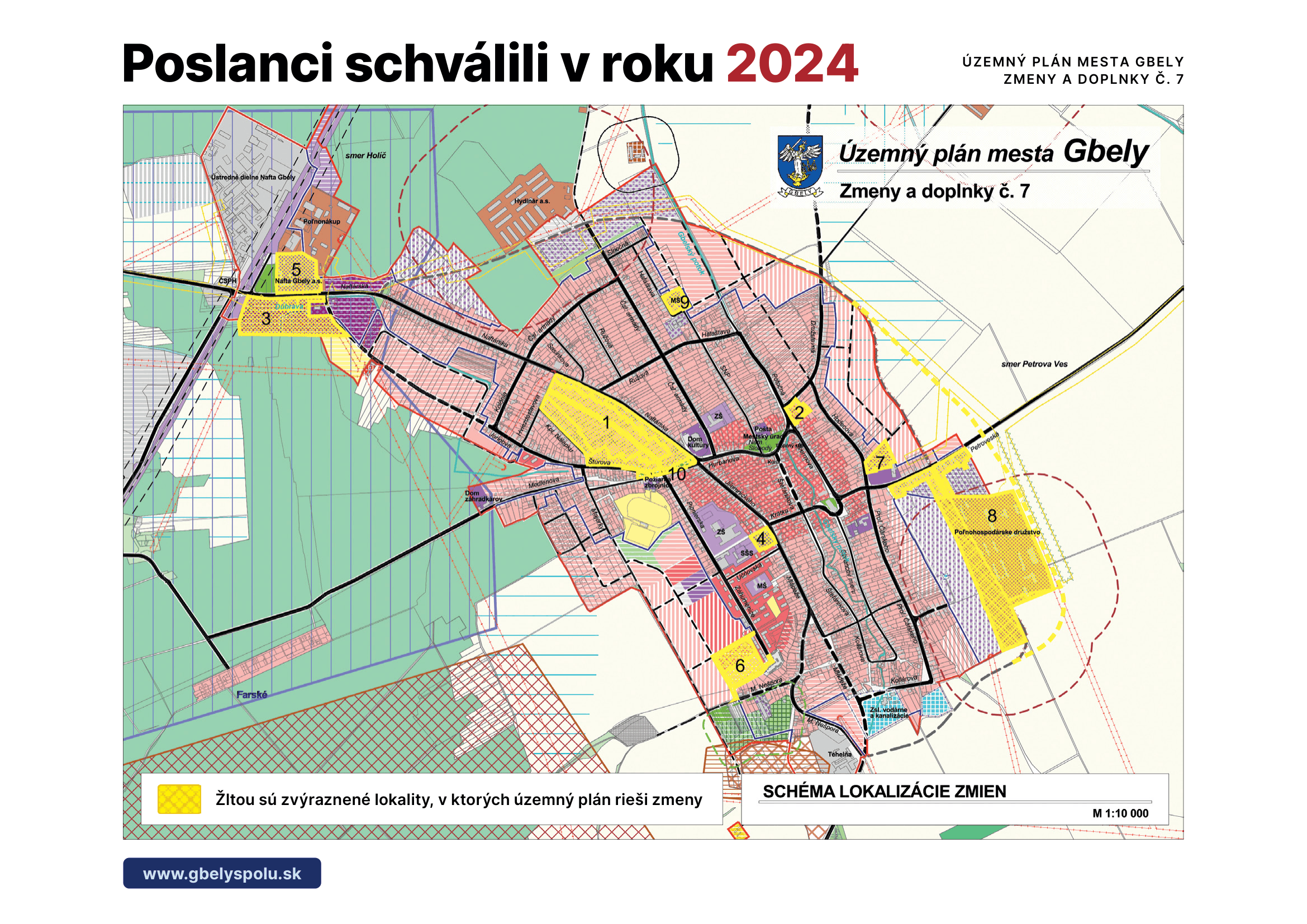 Mapa: Územný plán mesta Gbely, zmeny a doplnky č. 7, ktoré poslanci schválili v roku 2024. Žltou sú zvýraznené lokality, v ktorých územný plán rieši zmeny.
