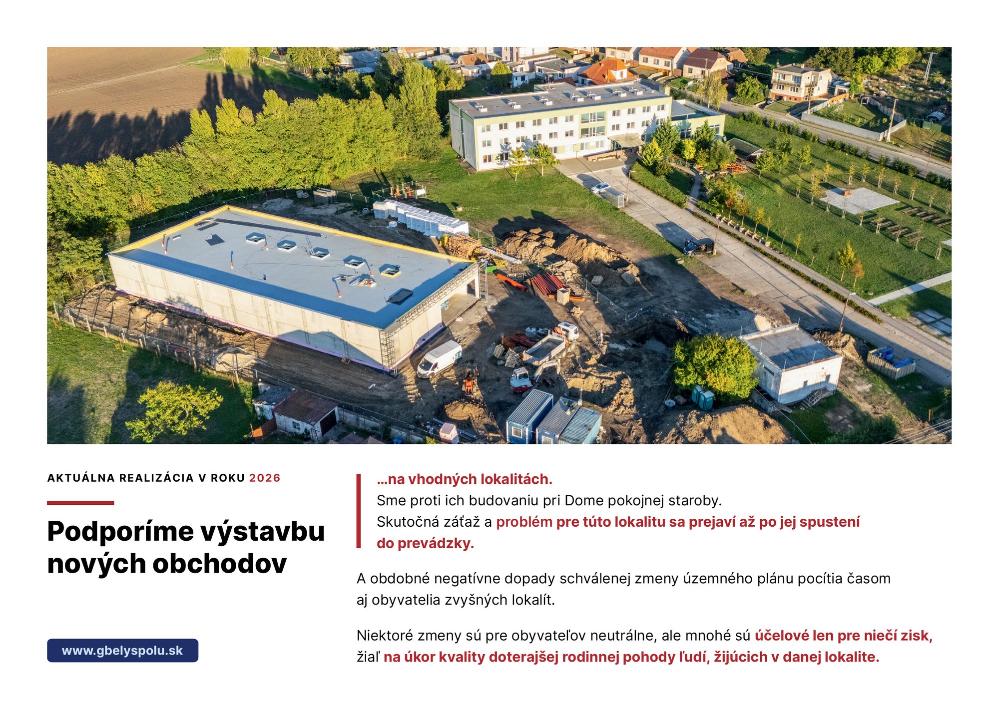 Leták: Aktuálna realizácia v roku 2026 – Podporíme výstavbu nových obchodov na vhodných lokalitách. Letecký pohľad na stavenisko.
