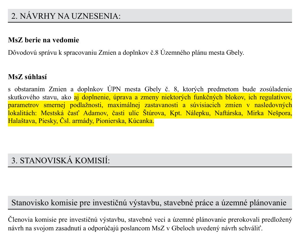 Návrhy na uznesenie a stanovisko komisie k Zmenám a doplnkom č. 8 ÚPN mesta Gbely.
